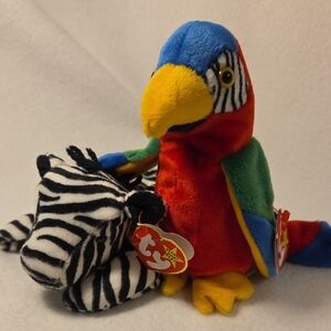 Ziggy The Zebra 4063 + Jabber The Parrot Ty Beanie Babies Collectible Plush Pair